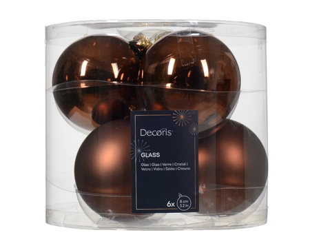 Decoris kerstballen Glas 6st espresso 8cm - afbeelding 1