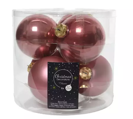 Decoris kerstballen glas 6st velours roze 8cm - afbeelding 1