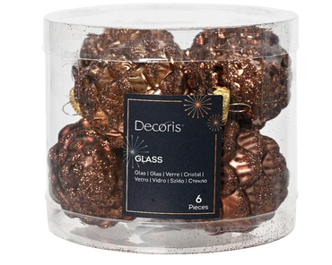 Decoris Kerstballen glas dennenappel 6st Espresso 5x7cm - afbeelding 1