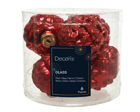 Decoris Kerstballen glas dennenappel 6st kerstrood 5x7cm - afbeelding 1