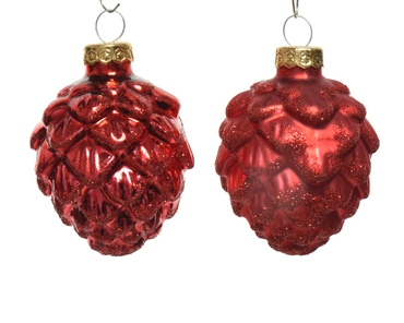 Decoris Kerstballen glas dennenappel 6st kerstrood 5x7cm - afbeelding 2