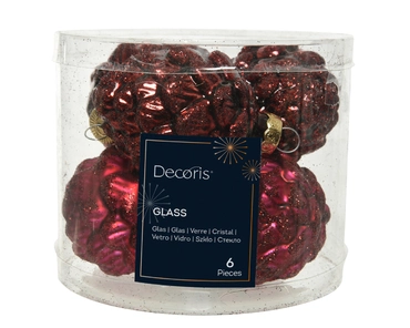 Decoris Kerstballen glas dennenappel 6st ossenbloed 5x7cm