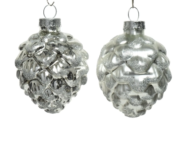 Decoris Kerstballen glas dennenappel 6st Zilver 5x7cm - afbeelding 2