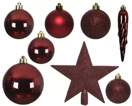 KERSTBALLEN MIX+PIEK 33ST DONKER ROOD