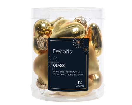 Decoris kerstballen set glas hart 12st licht goud 4cm - afbeelding 1