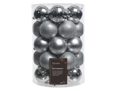 Decoris kerstballen set plastic 34st zilver 8cm