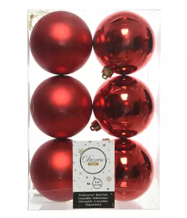 KERSTBALLEN KUNSTSTOF MIX ROND | ROOD | 8CM | 6ST