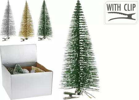 Element Kerstboom op knijper 10cm 3 assorti - Groen, Goud, Zilver