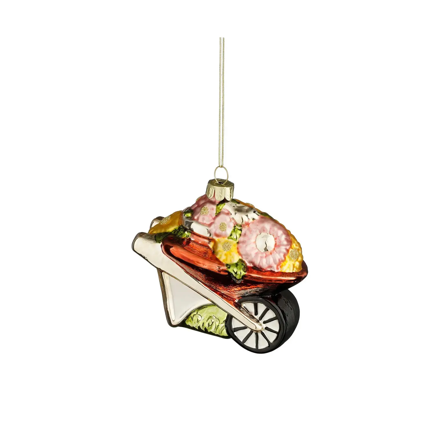 Kerstornament glas gardning kruiwagen 10x6x9cm