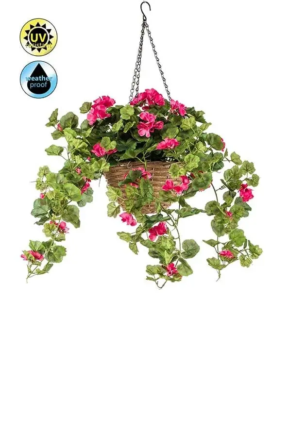 Kunstplant UV bestendig Fuchsia Geranium hangend in mand - 45cm
