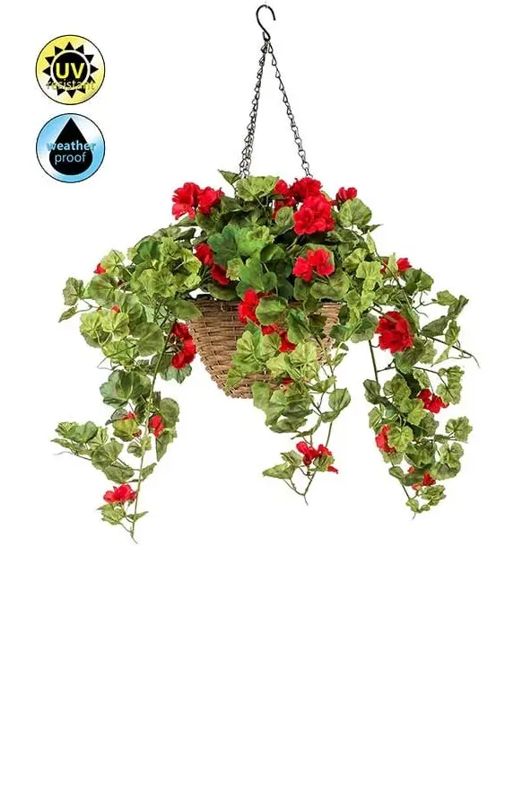 Kunstplant UV bestendig Rode Geranium hangend in mand - 50cm
