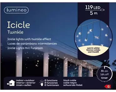 Lumineo icicle twinkle led 5m 119led warm wit - afbeelding 1