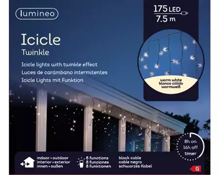 Lumineo Icicle twinkle led 7,5m 175led warm wit - afbeelding 1