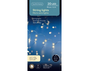 Lumineo Micro kerstverlichting 20Led 95cm Deze micro led strengverlichting is niet weg te denken tijdens de kerstdagen. Hiermee kun je jouw kerstboom prachtig verlichten. Ook is deze leuk om langs je vensterbank te leggen als sfeerverlichting. Deze streng