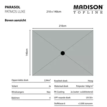 Madison Parasol Patmos luxe 210x140cm PE grijs grade 6 - afbeelding 5