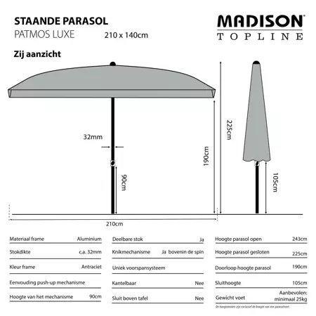 Madison Parasol Patmos luxe 210x140cm PE taupe grade 6 - afbeelding 4