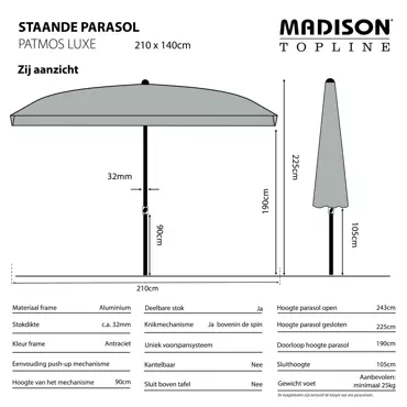 Madison Parasol Patmos luxe 210x140cm PE taupe grade 6 - afbeelding 4